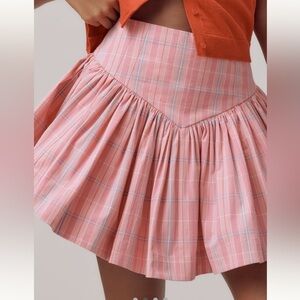 Anthropologie Maeve Basque Waist Flirty Mini Skirt Pink Plaid SIZE LARGE NEW